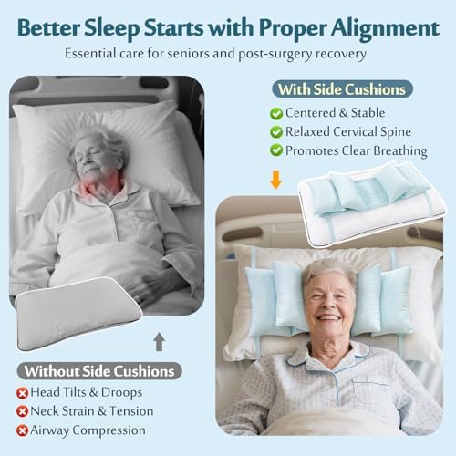 Cooling Head Stabilizer, Head Support Pillow for Elderly – Neck Cradle for Sleeping Upright, Post Cervical Fusion Surgery Recovery, Breathable Wheelchair Headrest with Straps (Light Blue)