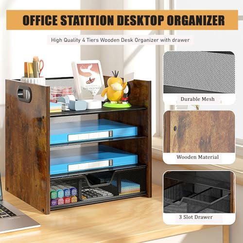 Desk Organizer - 4 Tier Desktop File Organizer with Drawer, Wooden Paper Tray Organizer, Office Desk Accessories Organizer for Papers, Mail, Notebooks, Stationery