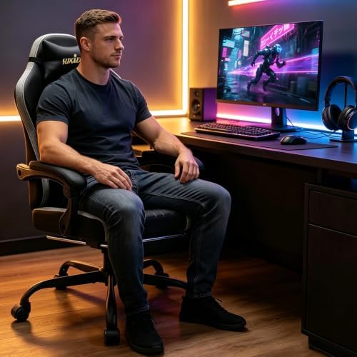 SUKIDA Computer Gaming Chair - Fabric Video Game Chairs with Footrest and Lumbar Support Swivel Comfy Linkage Armrests Gamer Chairs Home Desk Chair for Adults, Black&Grey