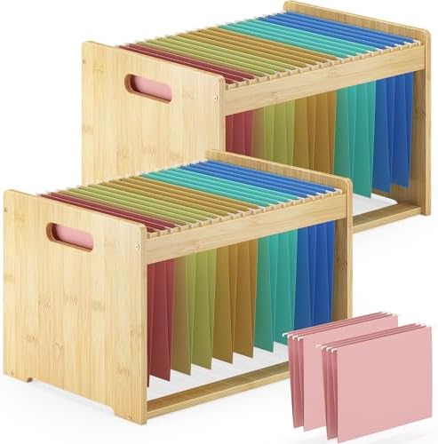 Bamboo Hanging File Box Organizer, File Folder Storge, Nature, 2 Pack