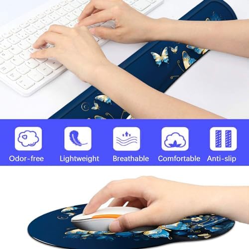 Keyboard Wrist Rest and Mouse Pad Wrist Support Set with Coaster,Ergonomic Mouse Pad,Comfortable for Easy Typing, Pain Relief,Memory Foam Keyboard Pad Set for Laptop Mac,Gold Butterflies