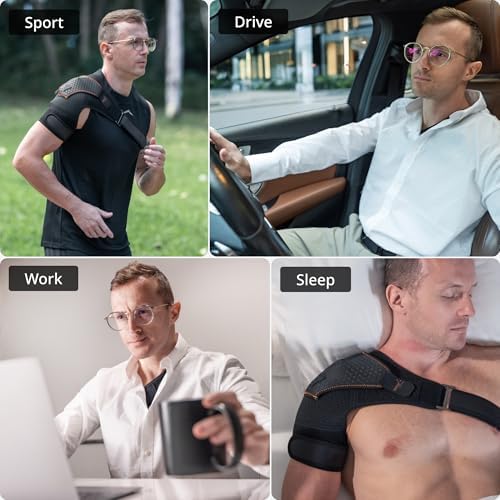 FIGHTECH Rotator Cuff Shoulder Brace for Men and Women - 2 Sizes - Shoulder Support - Pain Relief - Copper Black - Large - Fits Most Men - Bicep 12-17"