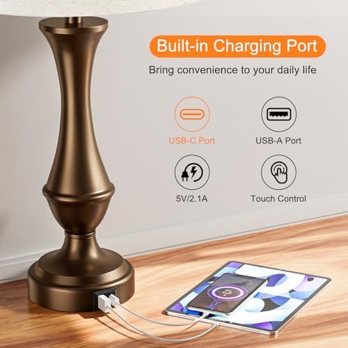 Touch Lamps for Nightstand, 3 Way Dimmable Lamps for Bedroom with USB C+A