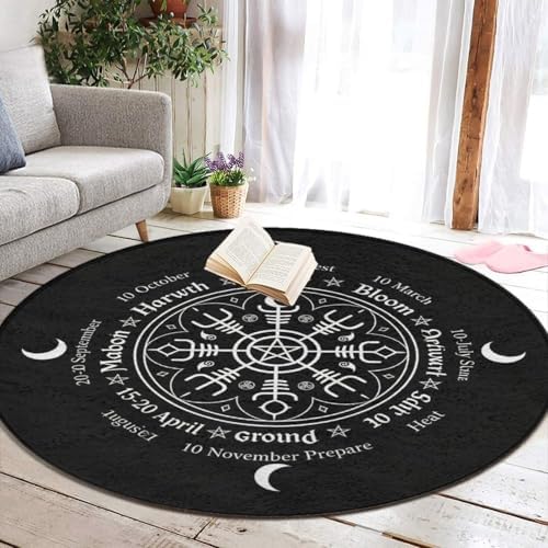 Large Home Decor Mat, Soft Round Yoga Carpet, Non-Slip Machine Washable Home Office Circle Rug Compatible with Norse Viking Vegvisir Compass Goth Pentagram