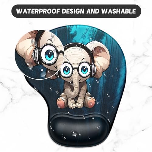 ITNRSIIET Ergonomic Mouse Pad Coaster Set with Gel Wrist Support Wrist Rest Smooth Surface Non-Slip PU Base Comfortable Office Supplies Pain Relief, 9.5 x 8.3 inches, Pretty Elephant