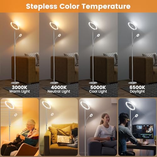 SIBRILLE 2-in-1 Dimmable Floor Lamp with Reading Light - Rotatable Standing Lamp with Remote&Touch Control, Stepless Color Brightness Adustable, Modern Lamp for Living Room Bedroom Office, Silver