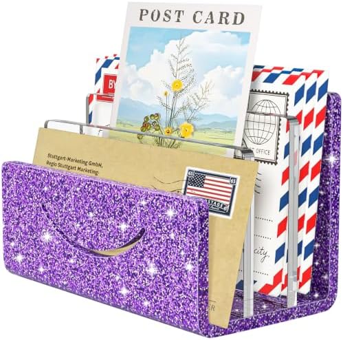 Mail Organizer Envelope Holder - 3 Compartments Glitter Purple Acrylic Mail Holder Countertop Home Office Desk Organizer Small File Sorter Vertical Bill Letter Paper Document Storage Rack