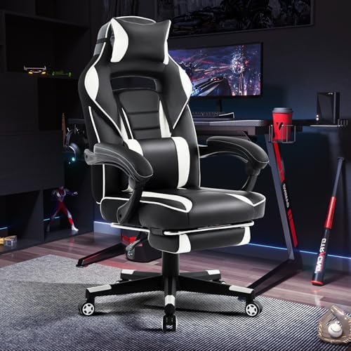 Big and Tall Office Chair, High Back Leather Gaming Chair with Footrest, Ergonomic Computer Chair w/Lumbar Support & Headrest, 360° Swivel Base & Height Adjustable Executive Chairs for Home/Offices