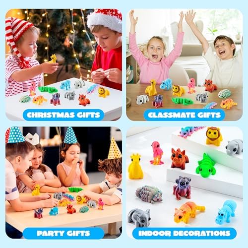 JOYIN 12PCS Safari Animal 3D Printed Toys, Mini Animals 3D Printed Toys, Cute Articulated Flexible Figurines Fidget Toys for Party Favors Classroom Desk Pets Home Decor