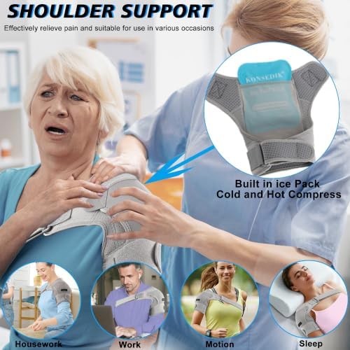 KONSEDIK Shoulder Brace Immobilizer with Ice Pack,Compression Rotator Cuff Support for AC Joint Pain Relief,Frozen Shoulder,Dislocation,Labrum Tear,Adjustable Wrap for Men&Women Left/Right(Gray,Medium)