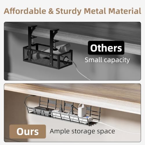 1 Pack DELAMU Under Desk Cable Management Tray, Large Metal Cord Organizer, Office & Home Cord Wire Management Under Desk Shelf, Easy Install Pre-drilled Cable Organizer, Black
