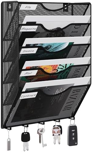 EasyPAG 5 Pocket Mesh Wall File Organizer with Key Hooks, Hanging Paper Folder Holder with Classify Label, Vertical Wall Mount Mail Organizer for Office Home Classroom, Black