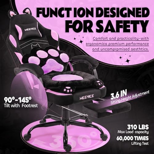 Pink Gaming Chair Cute with Cat Ears Paw Lumbar and Cushion,Ergonomic Computer Chair with Footrest,Reclining PC Game Chair for Girl Computer Chair 300lbs for Adult, Black and Purple