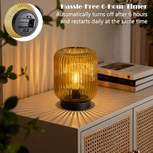 LUSHARBOR Battery Operated Lamp, Cordless Table Lamps for Home Decor, Battery Powered Nightlight with LED Bulb, Decorative Glass Beside Lamp for Bedroom Living Room-Gold