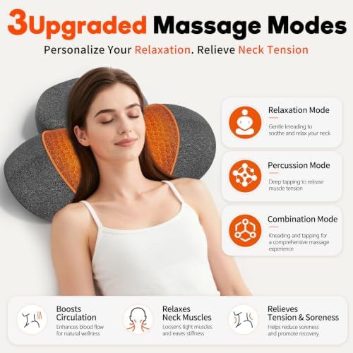 Cordless Heated Neck Massager Pillow for Pain Relief Deep Tissue, 3-in-1 Neck Shoulder Relaxer with Heat, Massage, Electric Stretch, Ergonomic Neck Cervical Traction Device for Gift