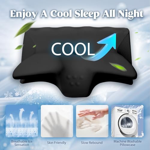 Cervical Pillow for Neck Pain Relief, Cooling Contour Memory Foam Pillows Support Odorless Ergonomic Neck Pillow Adjustable Orthopedic Bed Pillow for Side Back Stomach Sleeper with Pillowcase,Black