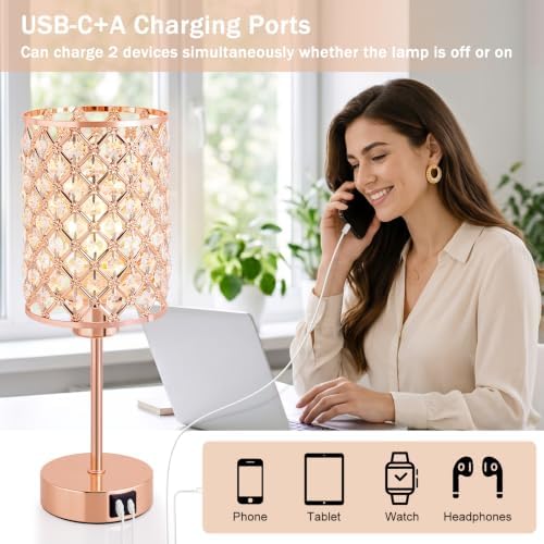 Crystal Table Lamp, Rose Gold Touch Lamp with USB C+A Port, 3-Way Dimmable