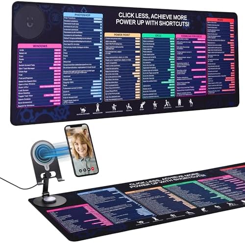 Office Pro Shortcuts Mouse Pad with Magnetic Wireless Charger & Holder Large Desk Mat with Keyboard Shortcuts with 15W Fast Qi Wireless Charging Compatible with iPhone Samsung Smartphones