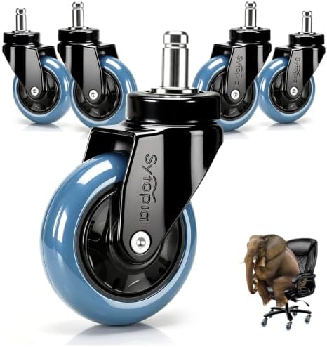 Office Chair Wheels Replacement 3 Inch, Heavy Duty PU Caster Wheels for Hardwood Floor & Carpet, Smooth Quiet Rolling, Hair-Proof, Universal 11mm Stem Fit Most Chairs, Not for 1KEA, Set of 5 (Blue)