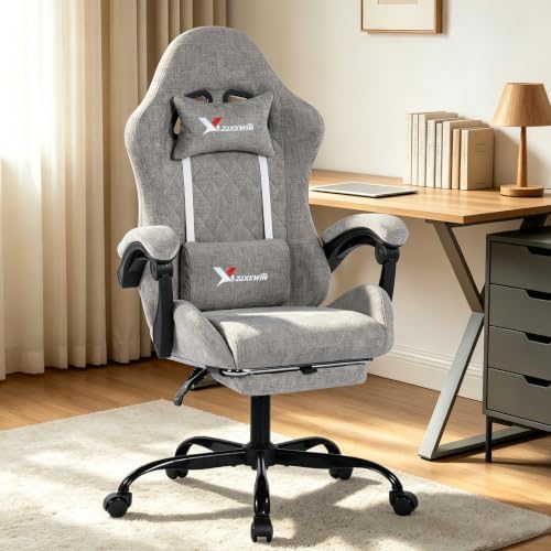Fabric Gaming Chair for Adults, Ergonomic Computer Office Desk Chair with Footrest,Pocket Spring Cushion, Reclining High Back Silla Gamer for Home Office, Light Grey