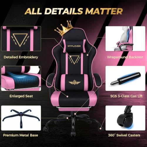 GTPLAYER Video Gaming Chair Fabric, Ergonomic Computer Chair with Footrest and Pocket Spring Cushion, Height Adjustable Video Gamer Chair with Lumbar Support for Adults, Pink