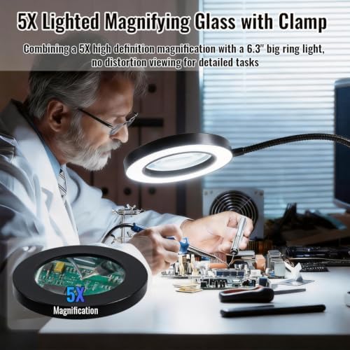 LED Magnifier with Light, 5X Magnifying Desk Lamp with Clamp