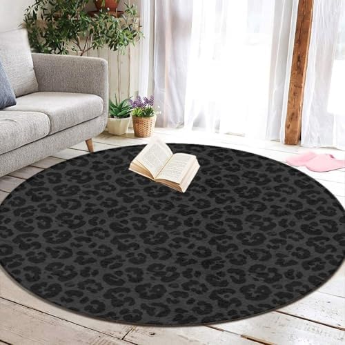 Room Sofa Yoga Soft Round Carpet, Home Decor Non Slip Kitchen Office Circle Rug, Machine Washable Modern Round Area Rug Dark Gray Leopard Cheetah Print Black