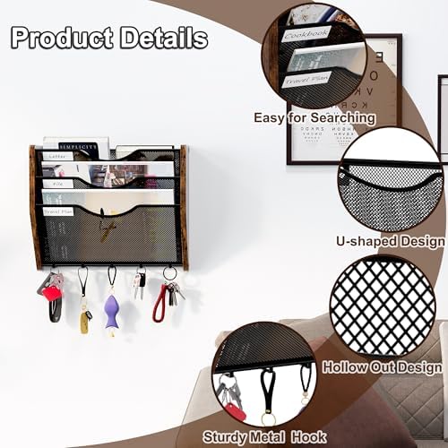 Wall File Organizer With Hooks,3 Tier Mesh Mail Organizer Wall Mounted,Hanging File Organizer,Magazine Holder for Documents,Magazine,Literature,File,Mails,Envelopes