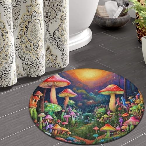 Large Round Area Rug Home Decor Modern Bathroom Rug Kitchen Office Circle Rug for Living Room Sofa Circle Cute Mat Trippy Mushroom Magic World Art, 60inch