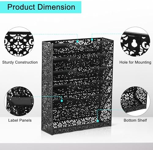 EasyPAG Desk File Organizer Heavy Duty Metal Wall Mount File Holder 5 Tier Mail Paper Folder Holder with Bottom Tray for Office Home Cubicle Countertop, Black