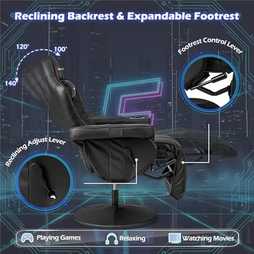 POWERSTONE Gaming Recliner, Adjustable Massage Gaming Chair with Cup Holder Footrest Ergonomic Single Sofa Living Room Home Theater Seating with Side Pouch (Black)