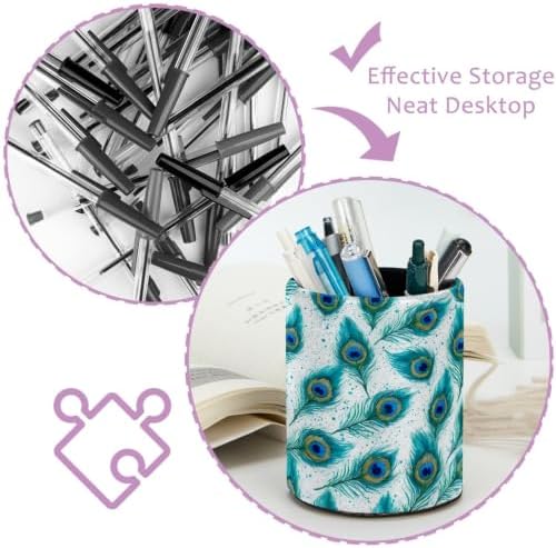 Leather Pen Holder for Desk, Peacock Feather Pencil Cup Pen Organizer Makeup Brush Holder for Office Home Kids Countertop Desk Accessory Storage