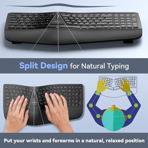 TECKNET Wireless Ergonomic Keyboard Rechargeable, 2.4G+Bluetooth Ergo Cordless USB Computer Keyboard, Wrist Rest, Natural Typing, Stain-Resistant Fabric, Compatible For Windows Computer Desktop Laptop