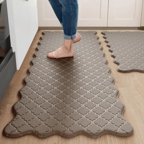Arenarug Upgrade Scalloped Kitchen Mats for Floor 2PC, Brown Kitchen Rugs