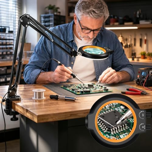 12X Magnifying Glass with Light and Stand Hands Free, Long Swing Arm Desk Magnifying Light with Clamp for Close Work, Dimmable Lighted Magnifier Lamp for Soldering Craft Jewelry Bench Sewing