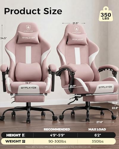 LUCKRACER Big and Tall Gaming Chair, 350Lbs Heavy Duty Office Chairs High Back Computer Chairs with Foot Rest Wide Cushion Lumbar Support Desk Chair Comfy for Adults Breathable Fabric, Pink