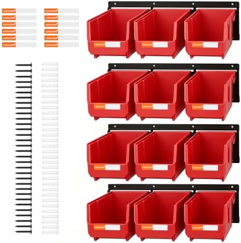 12pc Wall-Mounted Storage Organizer Set with Metal Rails Red