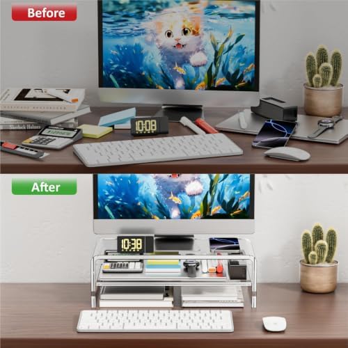 Egchi Acrylic Monitor Stand Riser, 2 Tier Clear Computer Monitor Stand for Home Office Business, PC Desk Stand Monitor Riser for Keyboard Storage, Laptop, Printer and TV Screen -12x7.2x5.12 inches