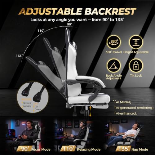 GTPLAYER Video Gaming Chair Fabric, Ergonomic Computer Chair with Footrest and Pocket Spring Cushion, Height Adjustable Video Gamer Chair with Lumbar Support for Adults, White