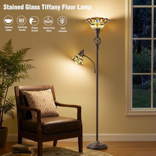 GyroVu Torchiere Floor Lamp for Living Room, Tiffany-Style Reading Light
