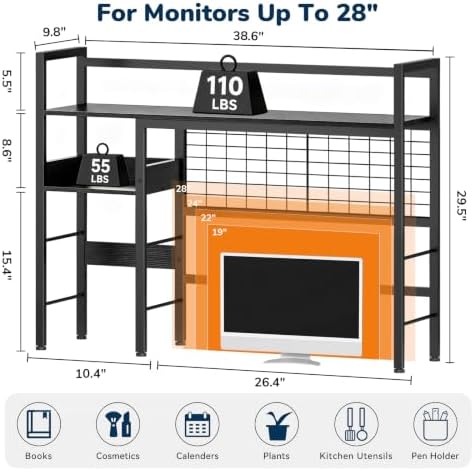 Desk Shelf, 38.6" Desk Hutch with Pegboard Hooks Set, Black