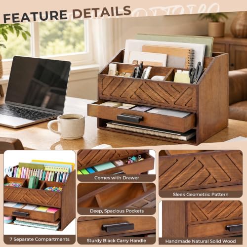 Wooden Desk Organizer with 7 Compartments and Drawer, Rustic Desktop Mail Organizer for Desk, Wooden Mail Sorter Organizer with Deep Pockets, File Holder and Sturdy Black Handle for Home Office-Brown
