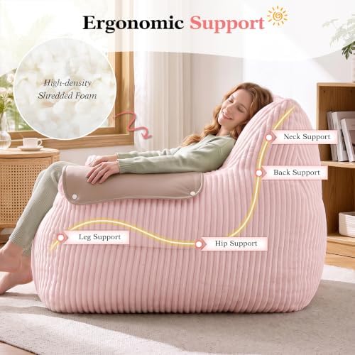 Homkdom Bean Bag Chairs for Adults, Lazy Loveseat Sofa with Armrests, Pink