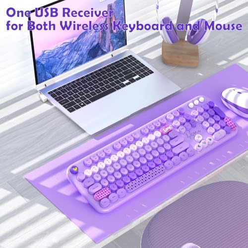 Wireless Keyboard and Mouse Combo, 104 Keys Cute Colorful Keyboard and Mouse with Retro Typewriter for PC/Mac/Laptop/Tablet/Computer/Windows Microsoft, Purple