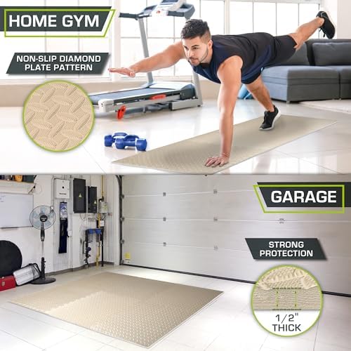 ProsourceFit Exercise Puzzle Mat 1/2-inch, EVA Interlocking Foam Floor Tiles for Home Gym, Workout Equipment, Kids Play Areas, Beige, 24 Sq Ft - 6 Tiles