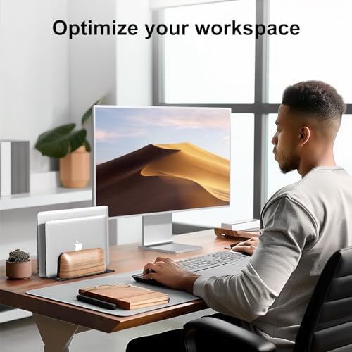 UPERGO Vertical Laptop Stand, Dual Slot Wood Holder for Desk