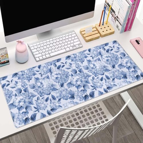 Blue Hydrangea Flowers Large Gaming Mouse Pad Keyboard Desk Pad Extended Mouse Pad Gaming Office Decor, PC Laptop Mouse Pads Large (31.5x151.8 in) with Stitched Edges Non-Slip Base Mousepad XL