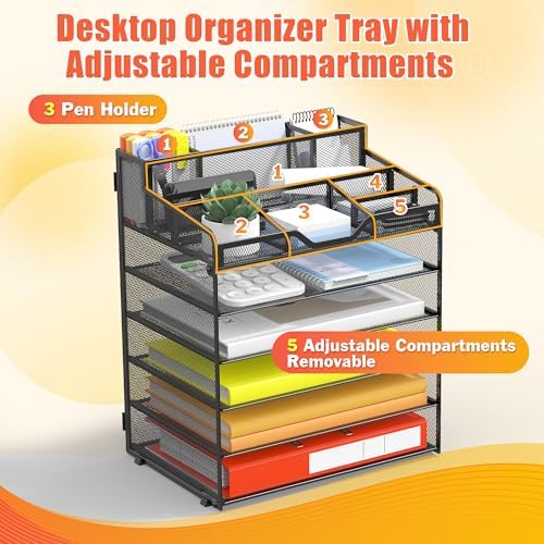 Docnest 6 Tier Mesh Desk Organizer with Letter Tray & Paper Sorter, Black