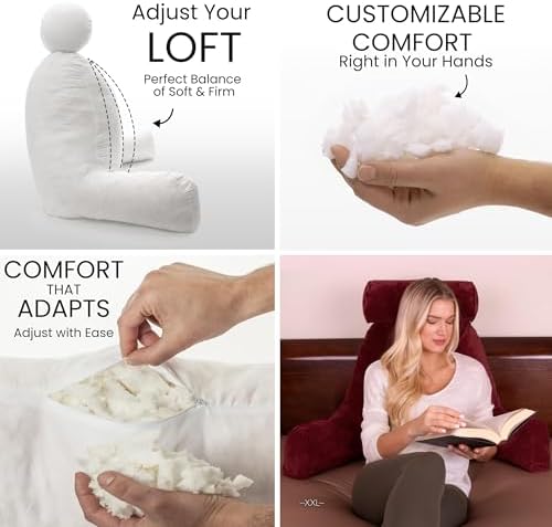 Husband Pillow XXL The Original for Adults - 30" Tall Backrest for Sitting Up in Bed - Firm Support Reading & Bed Rest Pillows for Adults, Neck Roll, Removable Cover - TV - Maroon