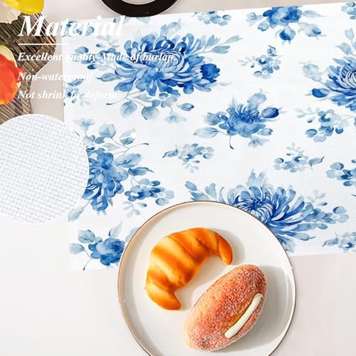 Shrahala Blue Vintage Peony Set of 8 12 X 18 Inch Linen Placemats, Midcentury Burlap Table Mat Washable Double Layered Heat Insulation for Indoor/Outdoor